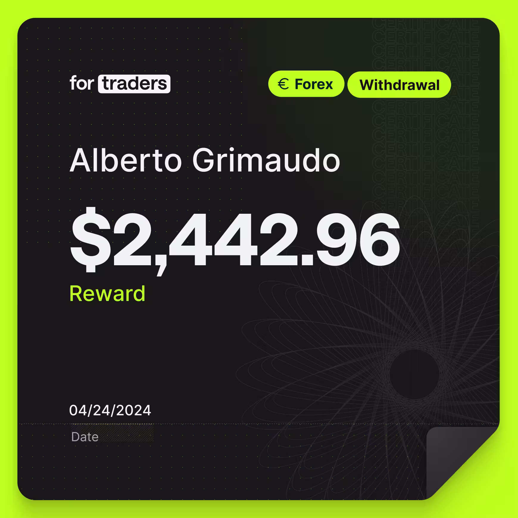 Certifikát o odměně – Alberto