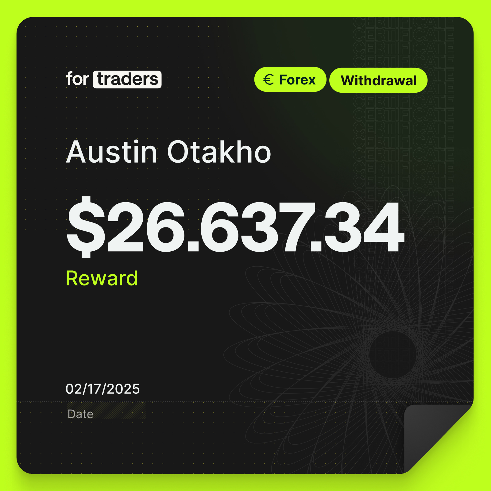 Certifikát o odměně – Austin